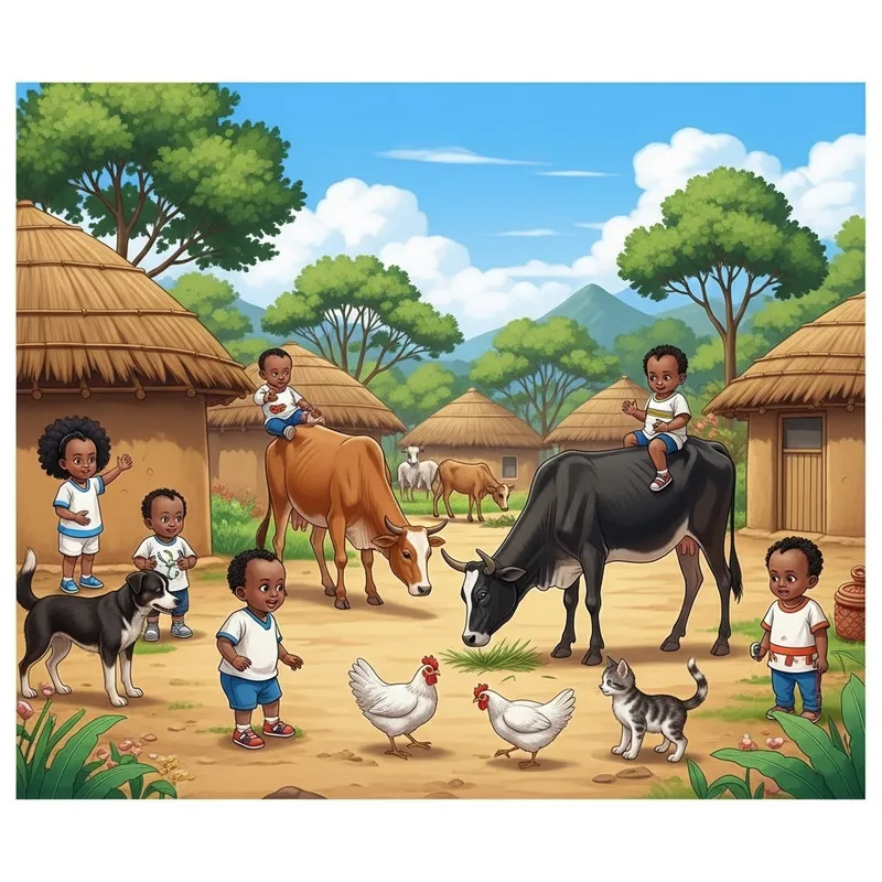 Ethiopia Babies in Village with Farm Animals