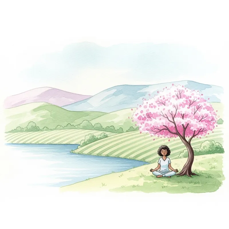 Tranquil Watercolor Landscape with Meditative Figure