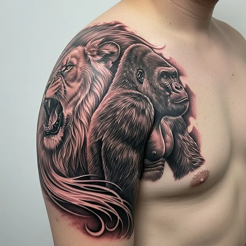 Men Tattoo with Majestic Lion and Powerful Gorilla Design