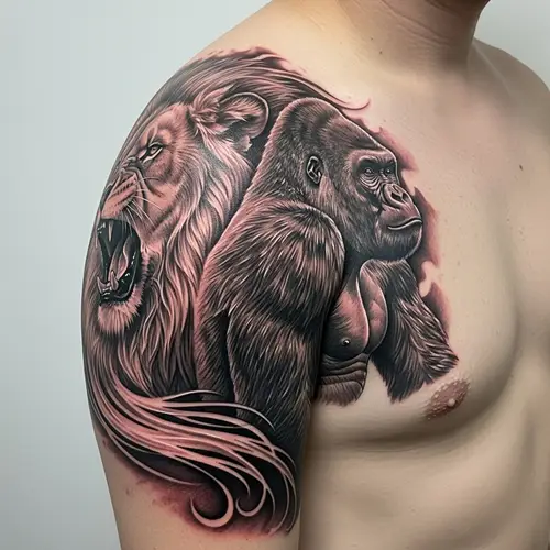Majestic Lion and Powerful Gorilla Tattoo Design