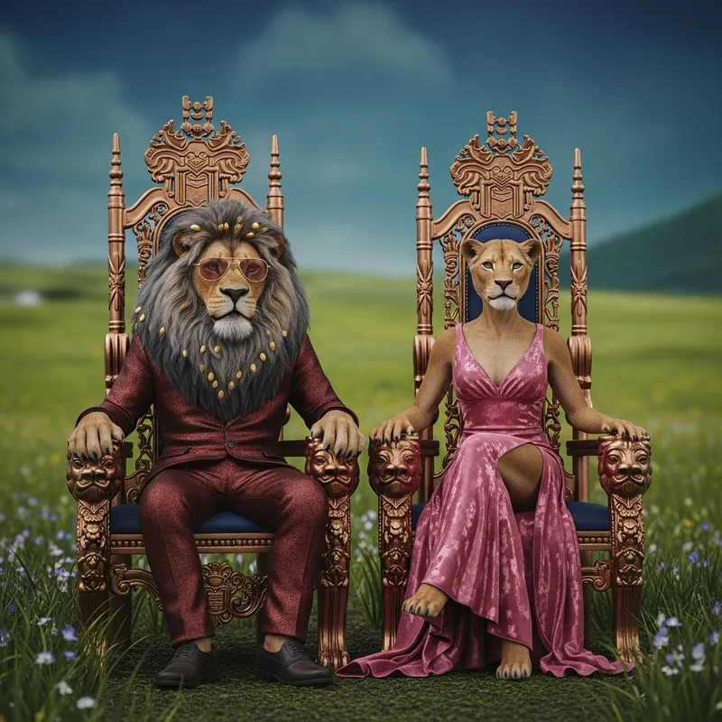 Imaginative Realism: Majestic Male and Female Lions in Cyberpunk-inspired Scene