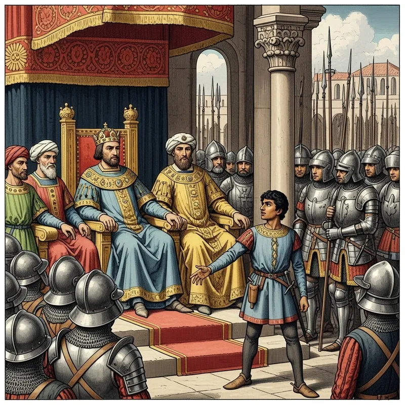 Medieval King with Advisors, Soldiers, and Defiant Young Man