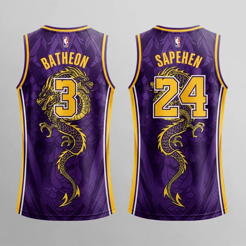 Intricate Purple & Gold Dragon Basketball Uniform Design with Player Name & Number