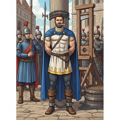 Valiant Prince with Brown Beard and Muscular Physique Facing Execution by Guillotine