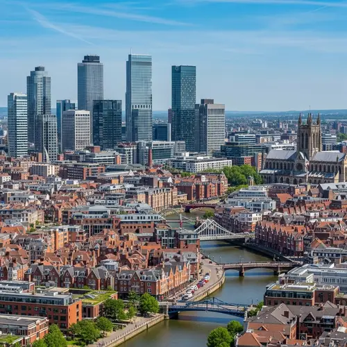 Urban Cityscape: Modern Skyscrapers, Traditional Townhouses, and Historic Cathedral