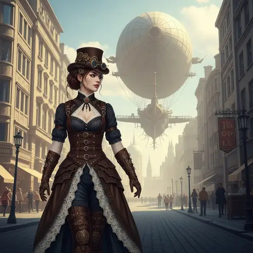 Steampunk Aficionado in Bustling City Street with Intricate Airship