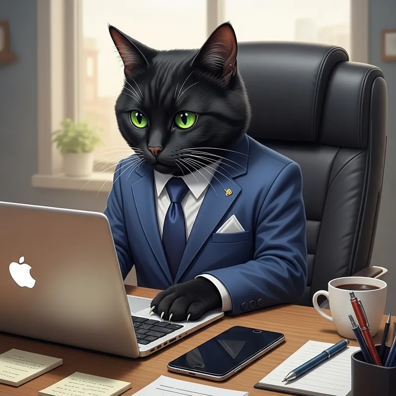 Black Cat in Blue Suit Working at Office Desk