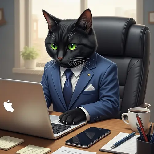 Professional Black Cat in Blue Suit at Office Desk