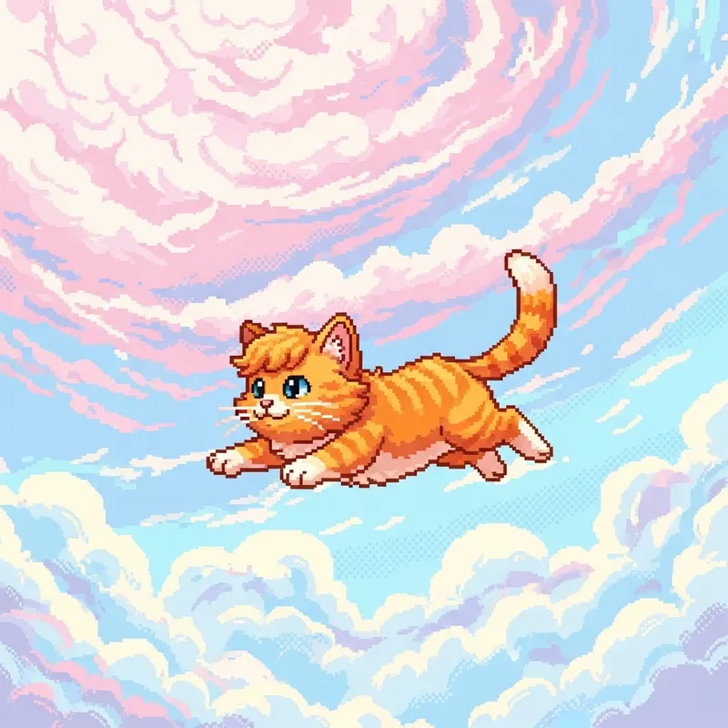 Vibrant Orange Cat Soaring Through Cotton Candy Sky
