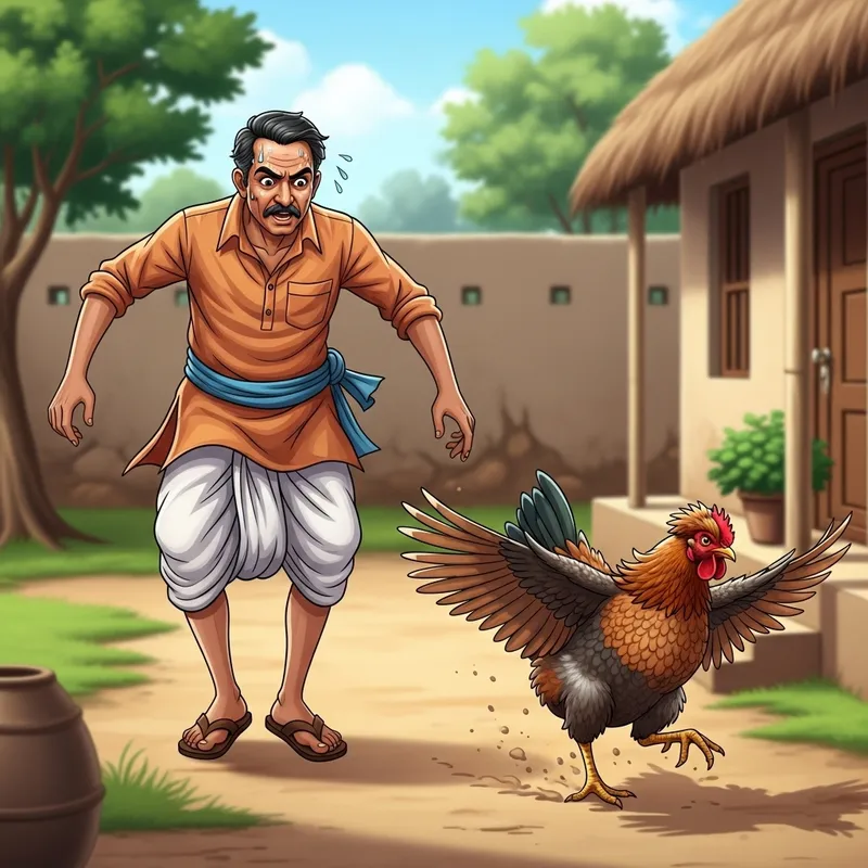 Determined Man Chasing Hen in Traditional Attire