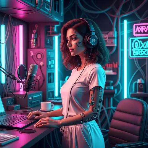 Modern Middle-Eastern Robotic Woman in Futuristic Podcast Setup