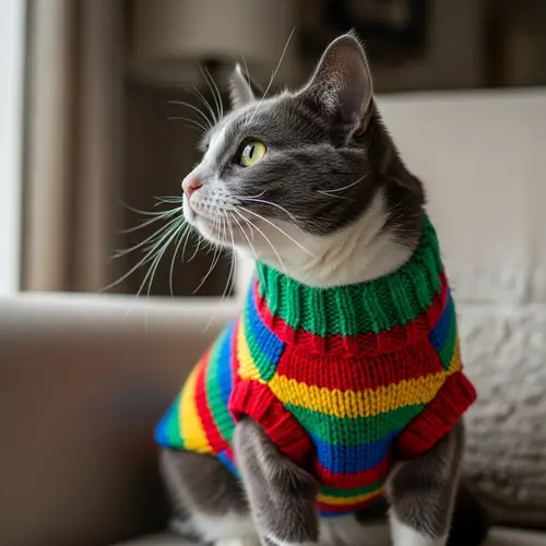 Cozy Grey and White Cat in Colorful Sweater