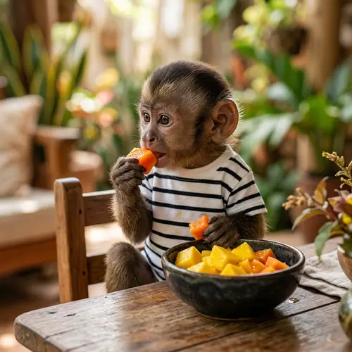 Adorable Baby Monkey Enjoying Fruit Snack