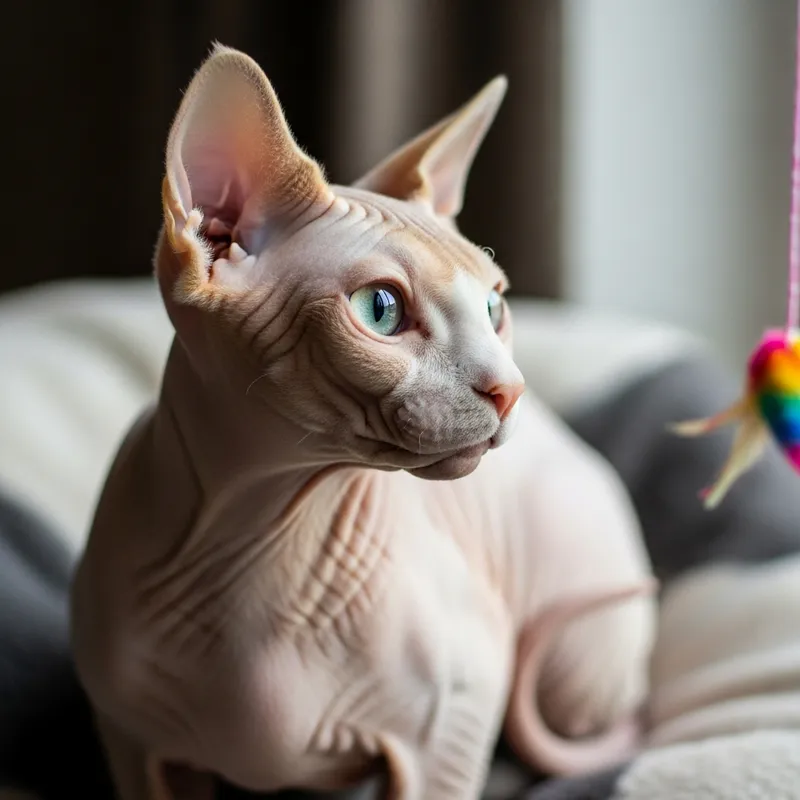 Adorable Hairless Cat Sitting Comfortably in Cozy Environment Adorable Hairless Cat Sitting Comfortably in Cozy Environment