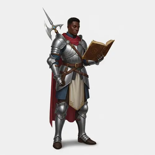 Black Male Paladin in Light Armor with Book and Glaive