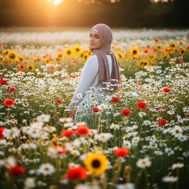 Hijab Girl Among Colorful Flowers Hijab Girl Among Colorful Flowers