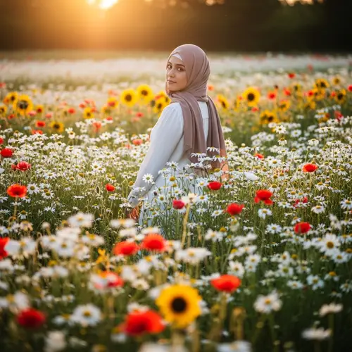 Hijab Girl Surrounded by Red, White, and Yellow Flowers