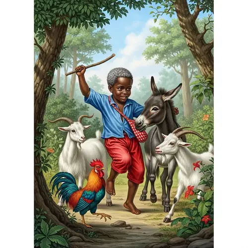 Detailed Illustration of Haitian Boy Playing with Animals in Woods