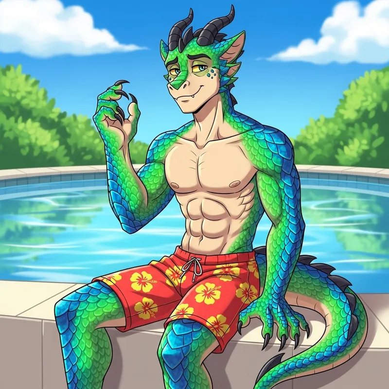 Muscular Dragon Demi-Human by Pool - Exaggerated Cartoon Character
