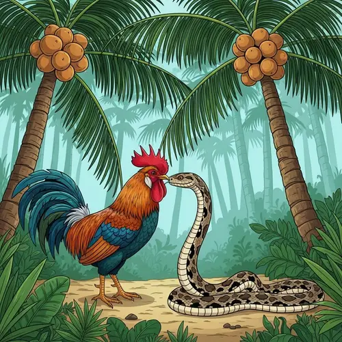 Vibrant Tropical Illustration: Rooster Kissing Snake in Coconut Forest