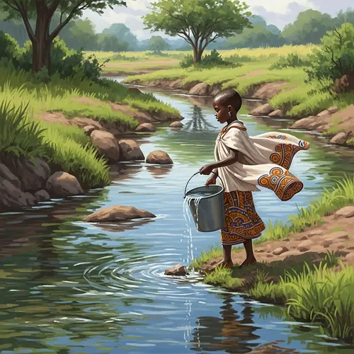 Young Black Boy by Calm Stream in Sub-Saharan Africa