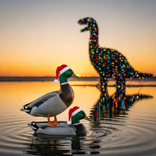 Festive Duck Wearing Santa Hats | Unique New Year Scene