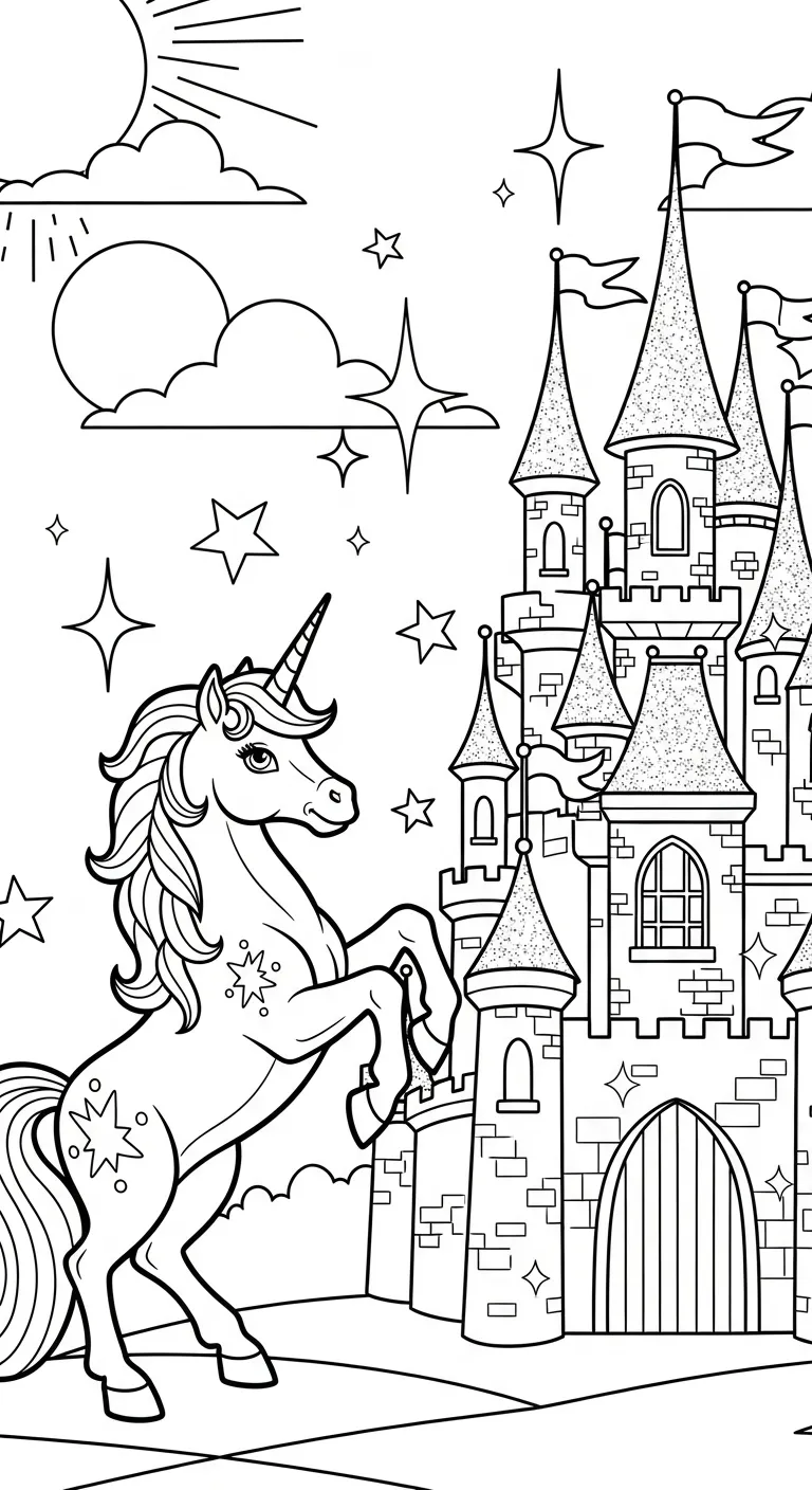 Unicorn & Castle Coloring Page for Kids