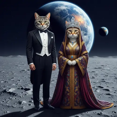 Cat on Moon in Butler's Outfit with Princess Cat in Levantine Robes