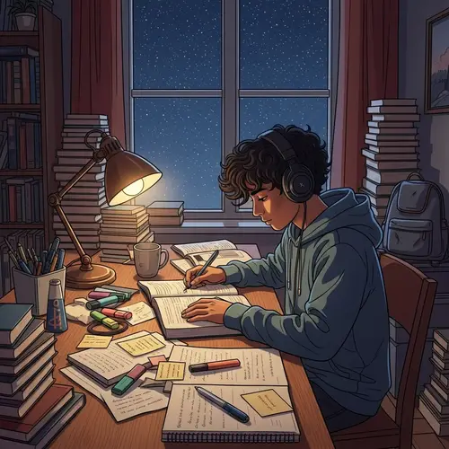 South Asian Boy Studying with Books and Headphones | Night Sky View