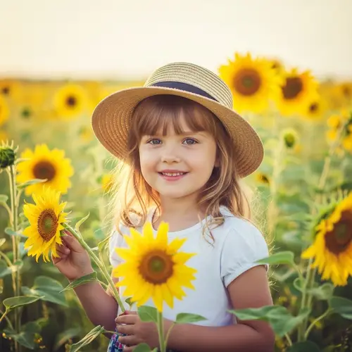 Whimsical Portrait of Young Girl in a Sunflower Field