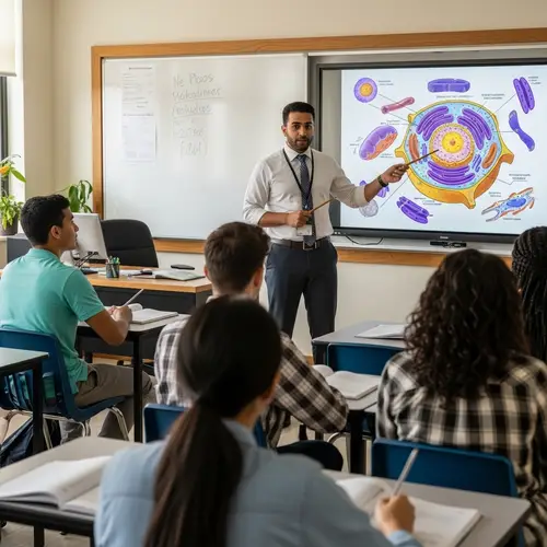 Middle-Eastern Male Teacher Explains Cell Components in Classroom Setting