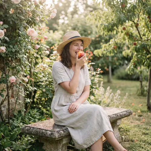 Beautiful Woman Eating Peach in Garden
