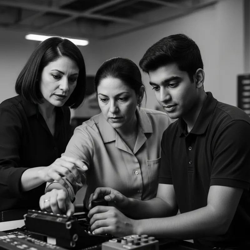 Vintage Black and White Photo: Supervisor Guiding Employee with Dramatic Lighting
