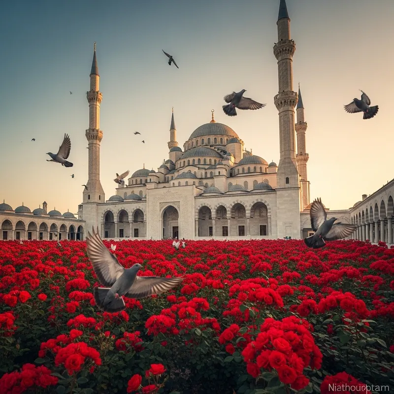 Ottoman White Mosque Surrounded by Red Roses and Soaring Birds
