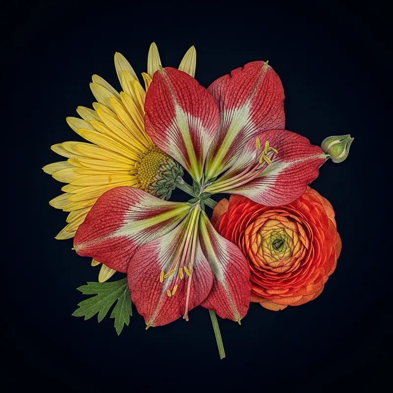Vibrant Chimera Pressed Flower: Chrysanthemum, Amaryllis, Ranunculus Botanical Photography