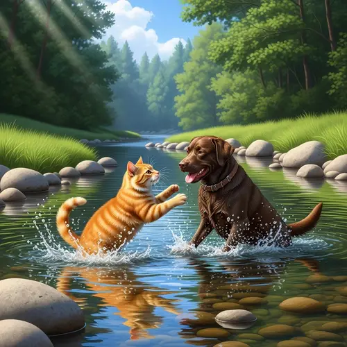 Playful Orange Tabby Cat and Chocolate Labrador Dog Splashing in Shallow River