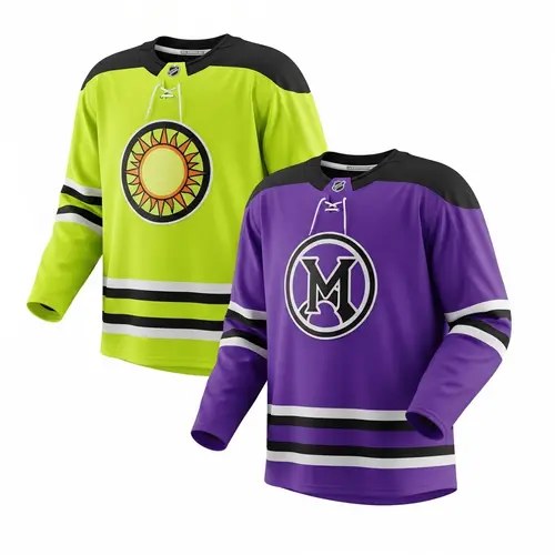 Distinct Neon Yellow and Bright Purple Ice Hockey Jerseys