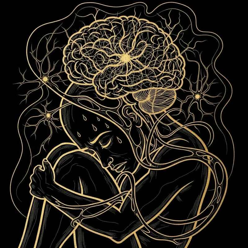 Nightmare: Distressed Body & Brain in Chaotic Black & Gold Scene