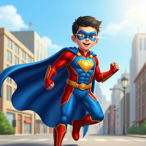 Young Asian Superhero Boy with Vibrant Costume | Cityscape Background