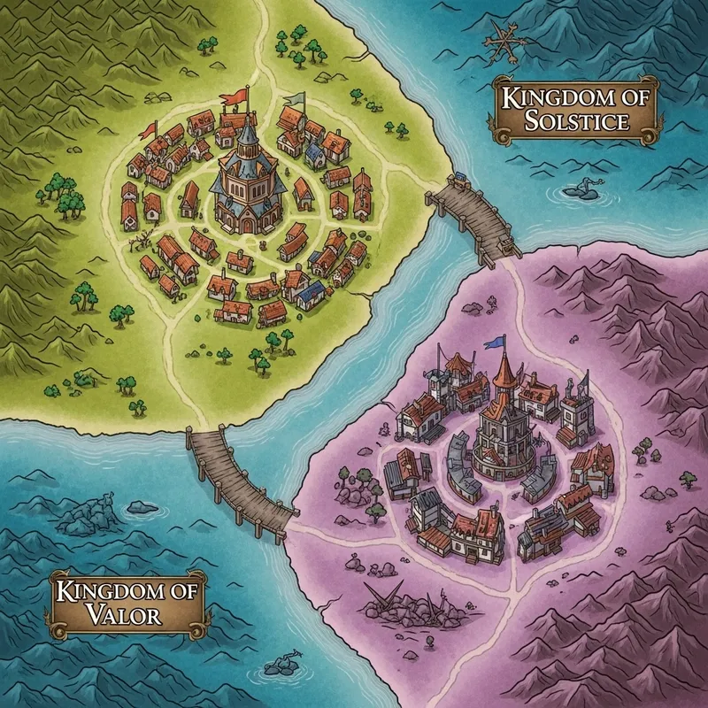 Detailed Fantasy Map Illustration of Solstice & Valor Kingdoms