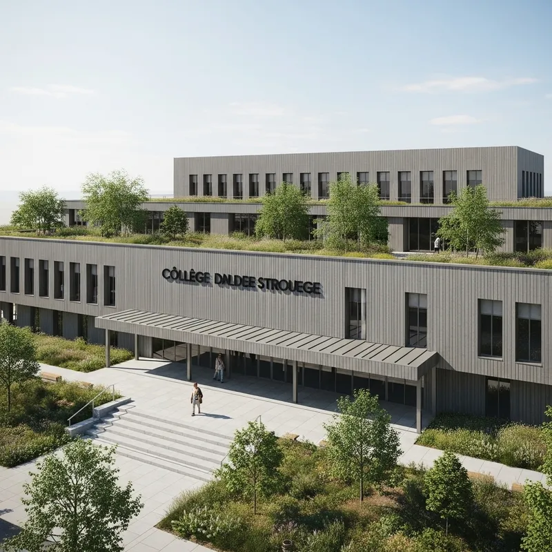 Architectural Minimalism: Gray College Building with Garden Plaza