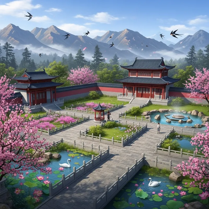 Scenic Chinese Estate: Snowy Mountains, Plum Blossoms & More