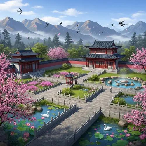 Ancient Chinese Estate | Snow-Capped Mountains & Plum Blossoms