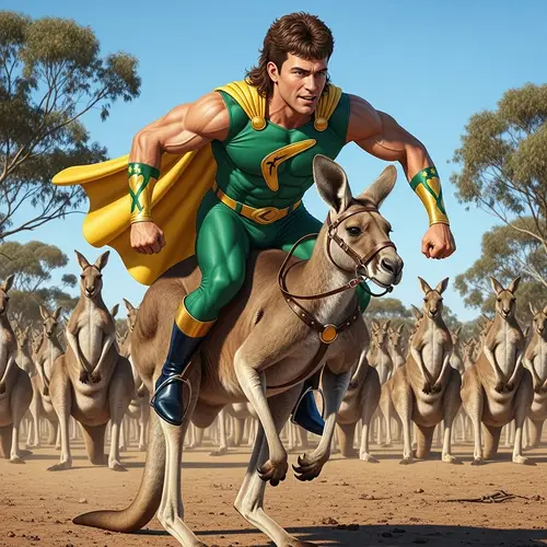 Australian Superhero with Mullet Hairstyle Riding Kangaroo | Impressive Strength