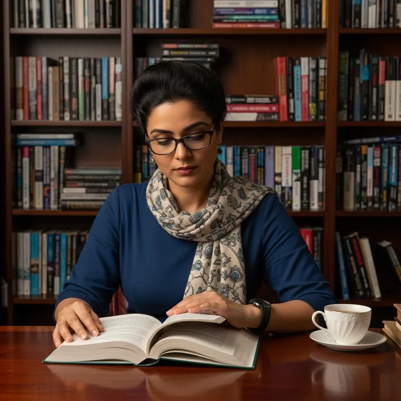 Intelligent Woman in Study Room with Books