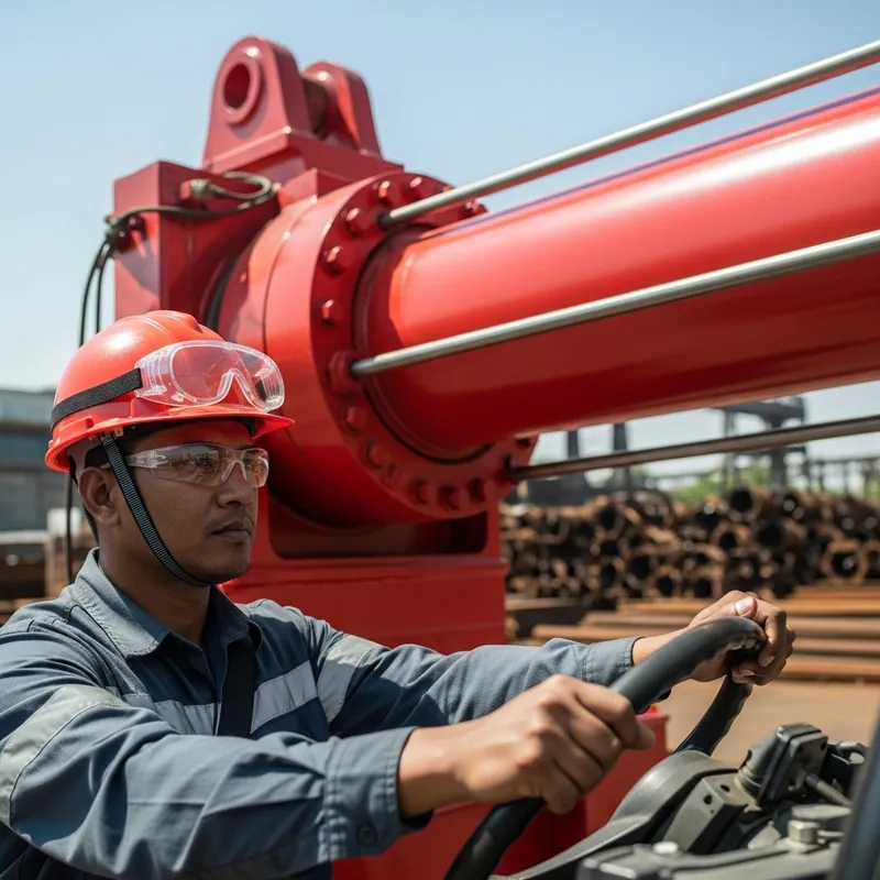 Man Driving with Hydraulic Cylinder in Industrial Landscape