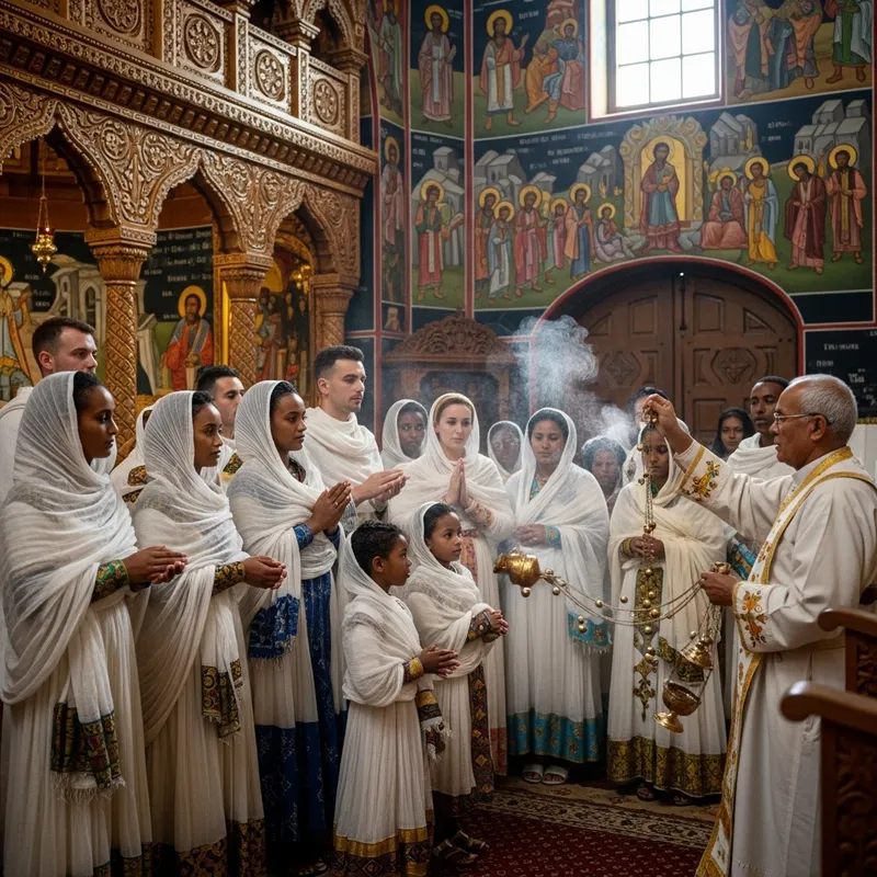 Ethiopian Orthodox Culture Blessing Ceremony | Interior with Diverse Participants Ethiopian Orthodox Culture Blessing Ceremony | Interior with Diverse Participants