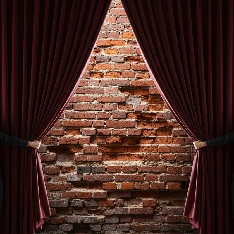 Revealing a Surprise: Pulling Back Plush Velvet Curtains to Expose a Brick Wall