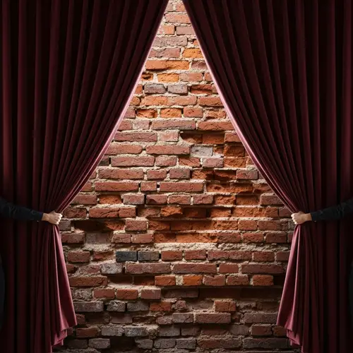Revealing a Surprise: Opening Plush Velvet Curtains to a Brick Wall