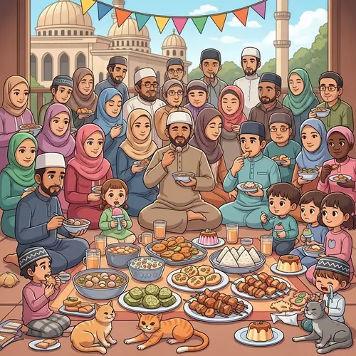 Festive Communal Meal Animation Outside Mosque